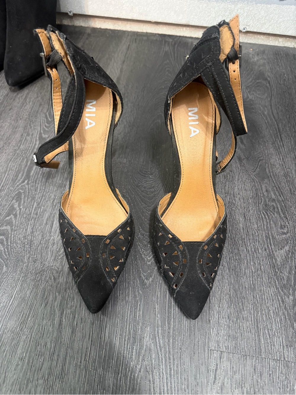 MIA Black Pointed Laser-Cut Ankle-Strap Heels
